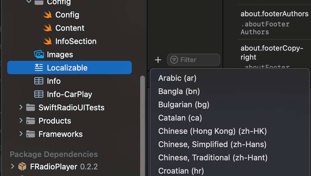 Xcode language picker showing the list of available languages to add