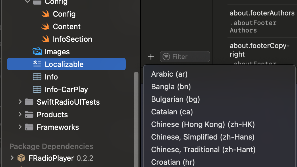 Xcode language picker showing the list of available languages to add