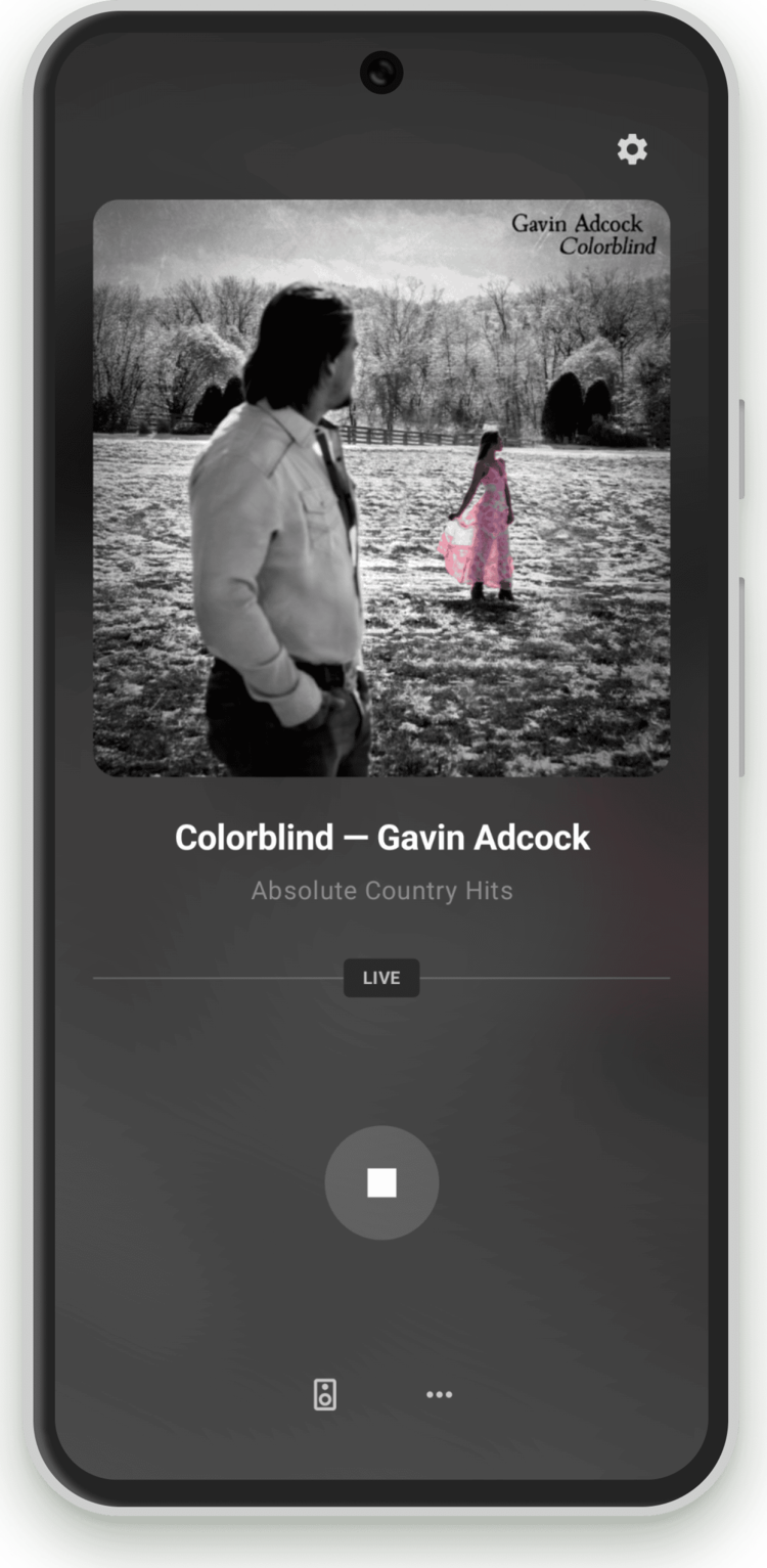 Single-station player on a Pixel: album art, track title, LIVE badge, and a single stop button