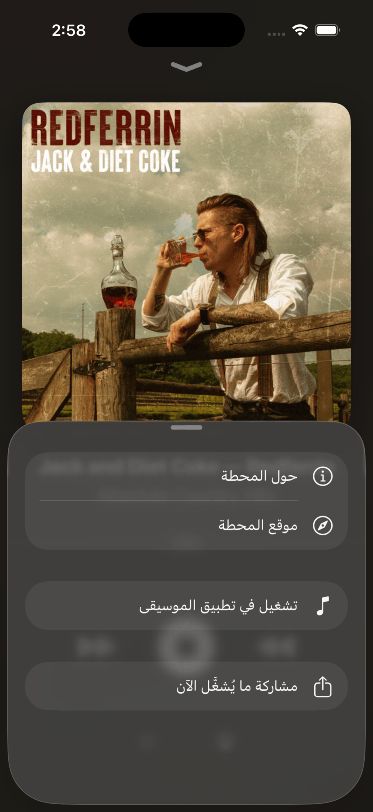 Swift Radio bottom sheet in Arabic with RTL layout showing translated menu items