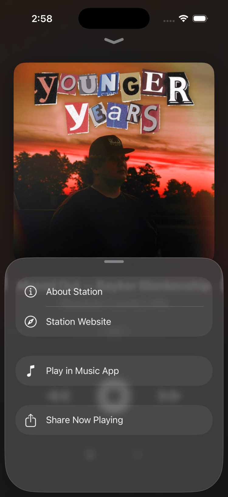 Swift Radio bottom sheet in English showing About Station, Station Website, Play in Music App, and Share Now Playing