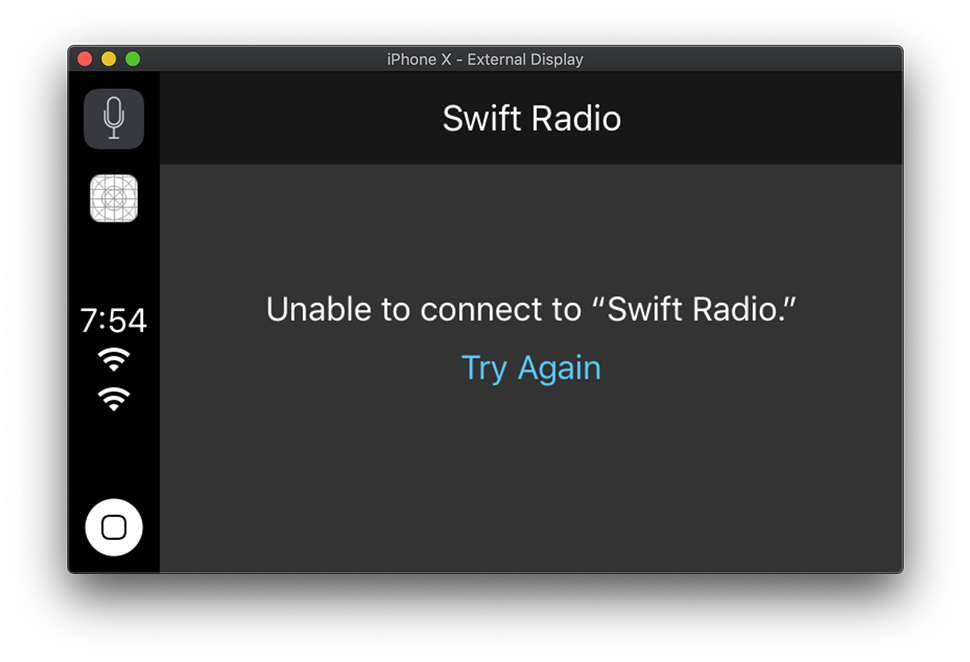 Empty CarPlay template showing SwiftRadio without content