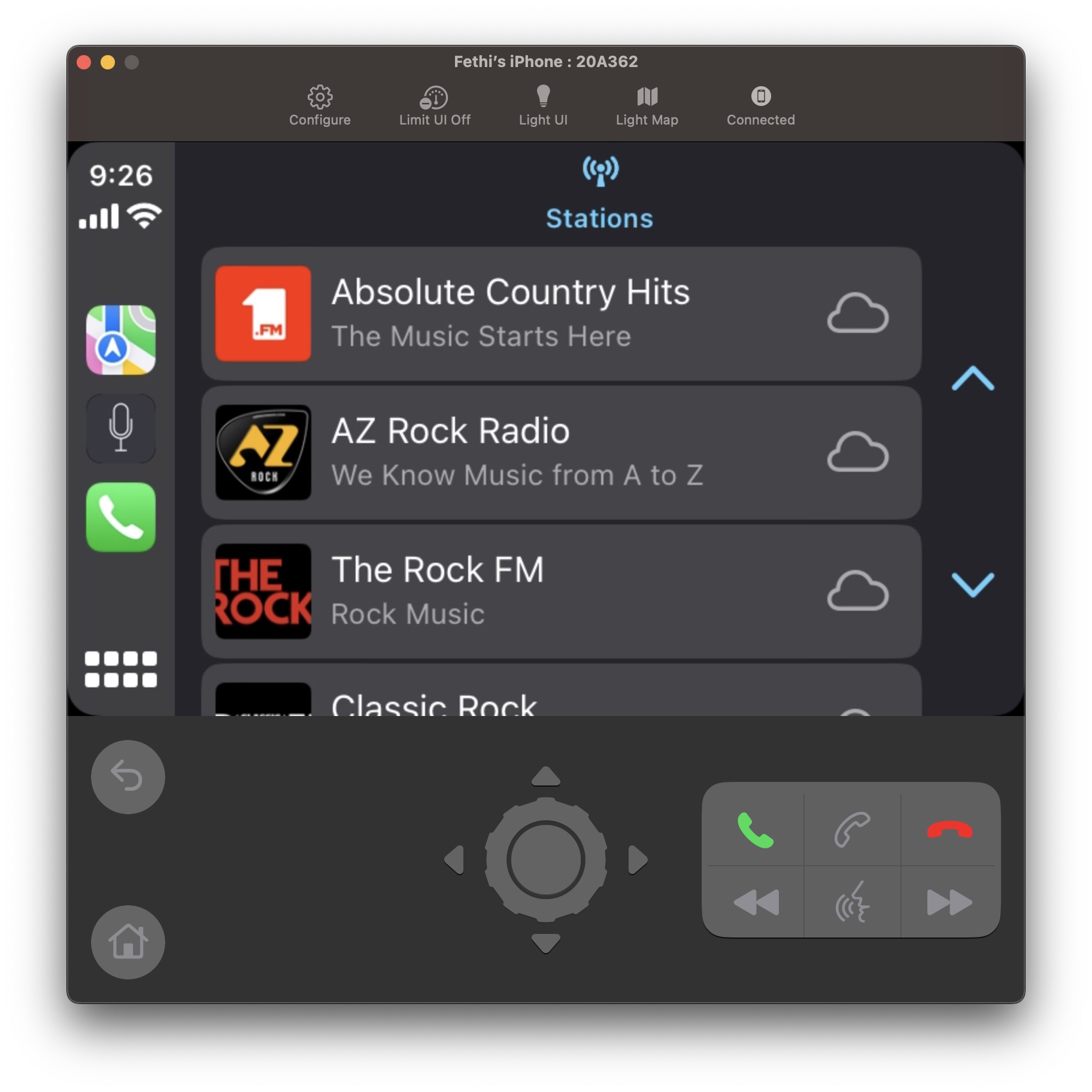 The CarPlay Simulator dashboard on macOS