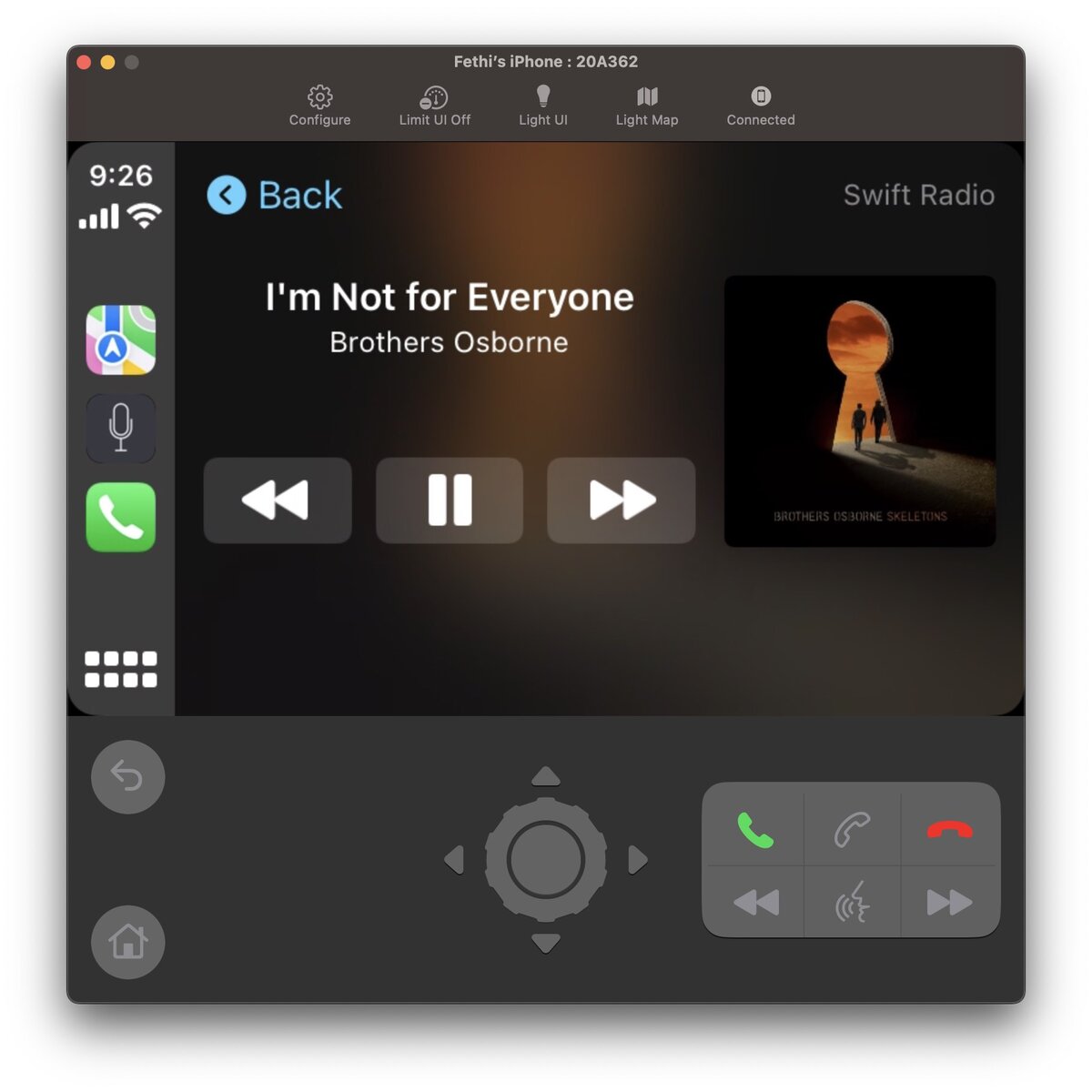 CarPlay Simulator showing SwiftRadio now playing controls