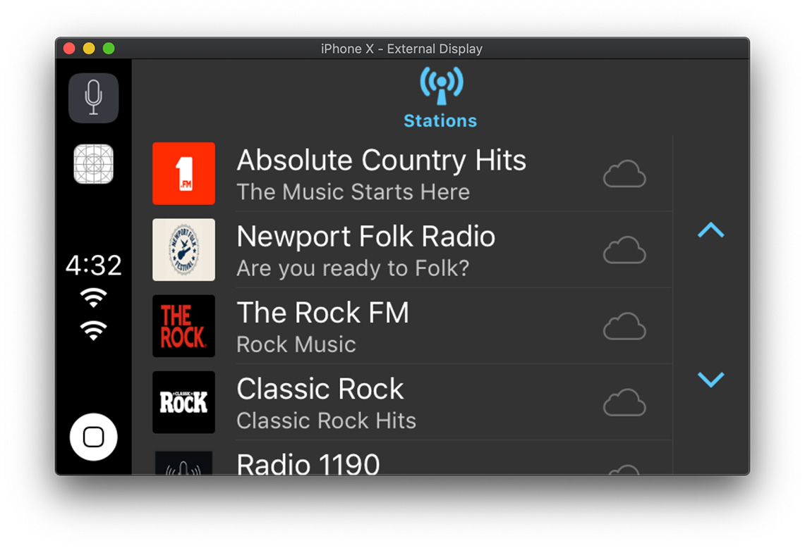 CarPlay showing the SwiftRadio stations list