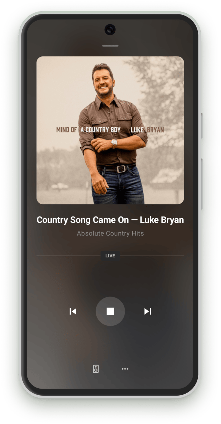 Swift Radio Android now playing screen with full-screen album art, track name, and LIVE indicator