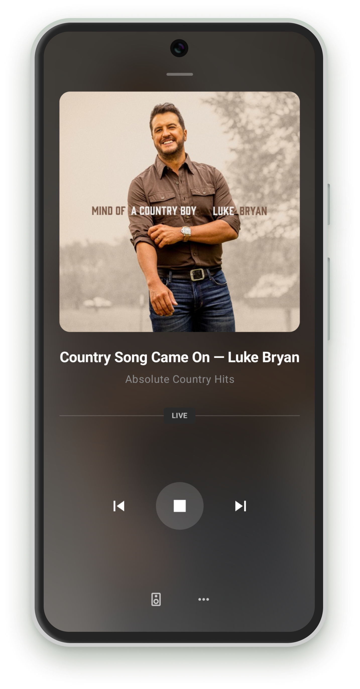 Swift Radio Android now playing screen with full-screen album art, track name, and LIVE indicator