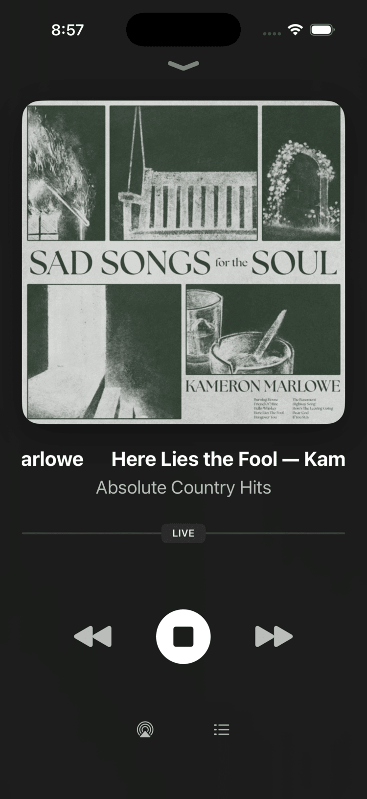 Swift Radio v3 now playing screen with album art, LIVE badge, and playback controls