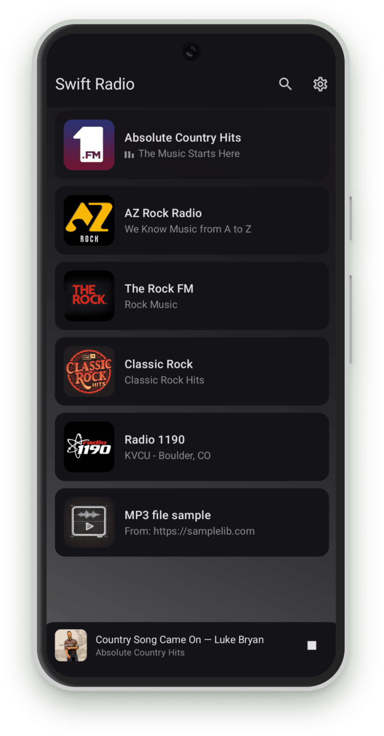 Swift Radio Android station list showing six stations with album art and a now playing bar at the bottom