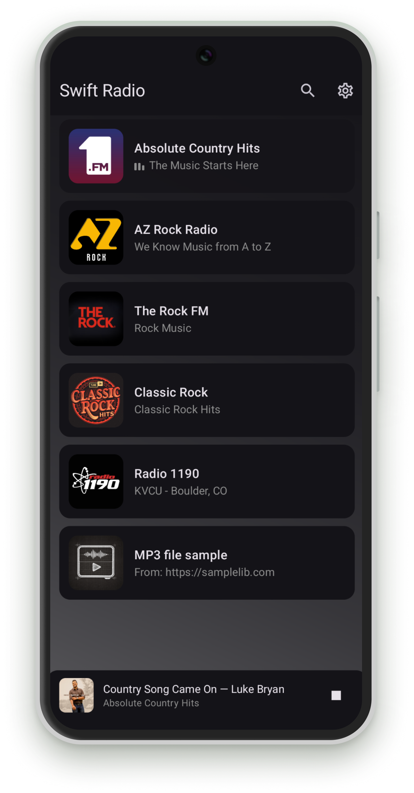 Swift Radio Android station list showing six stations with album art and a now playing bar at the bottom
