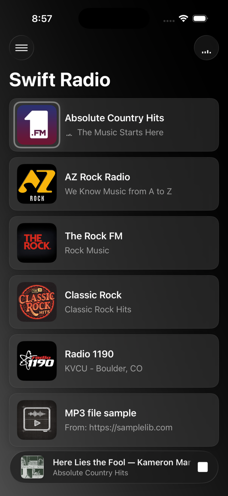 Swift Radio v3 station list with card-based layout and now playing bar