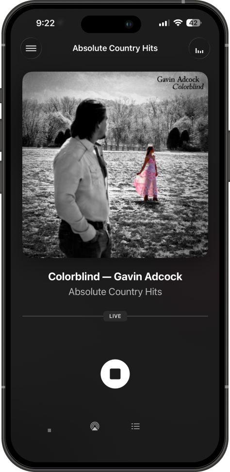 Single-station player on an iPhone: album art, track title, LIVE badge, and a single stop button