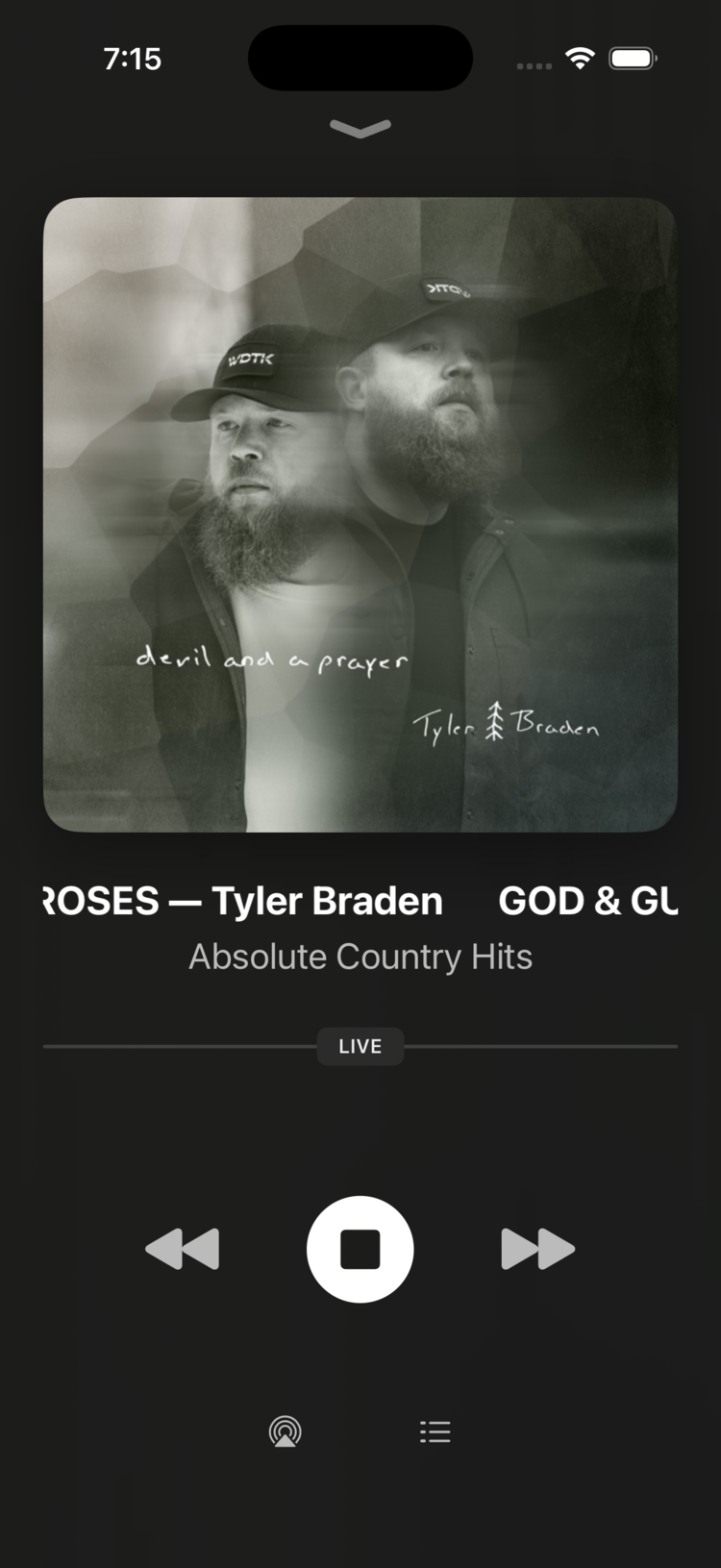 Now playing screen for a live station showing the LIVE badge and stop button