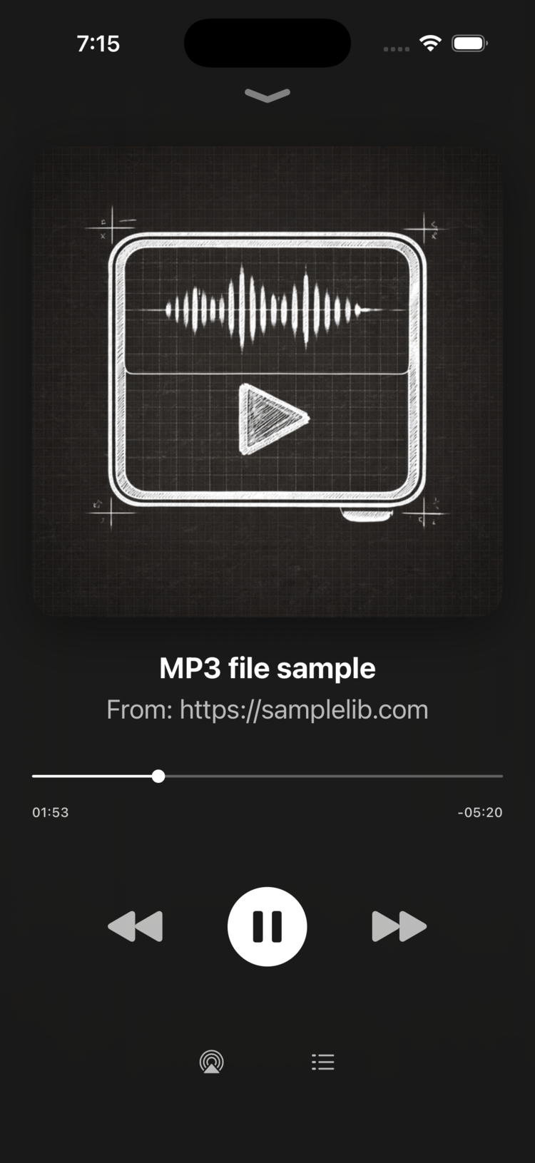 Now playing screen for an on-demand file showing the scrubber and pause button