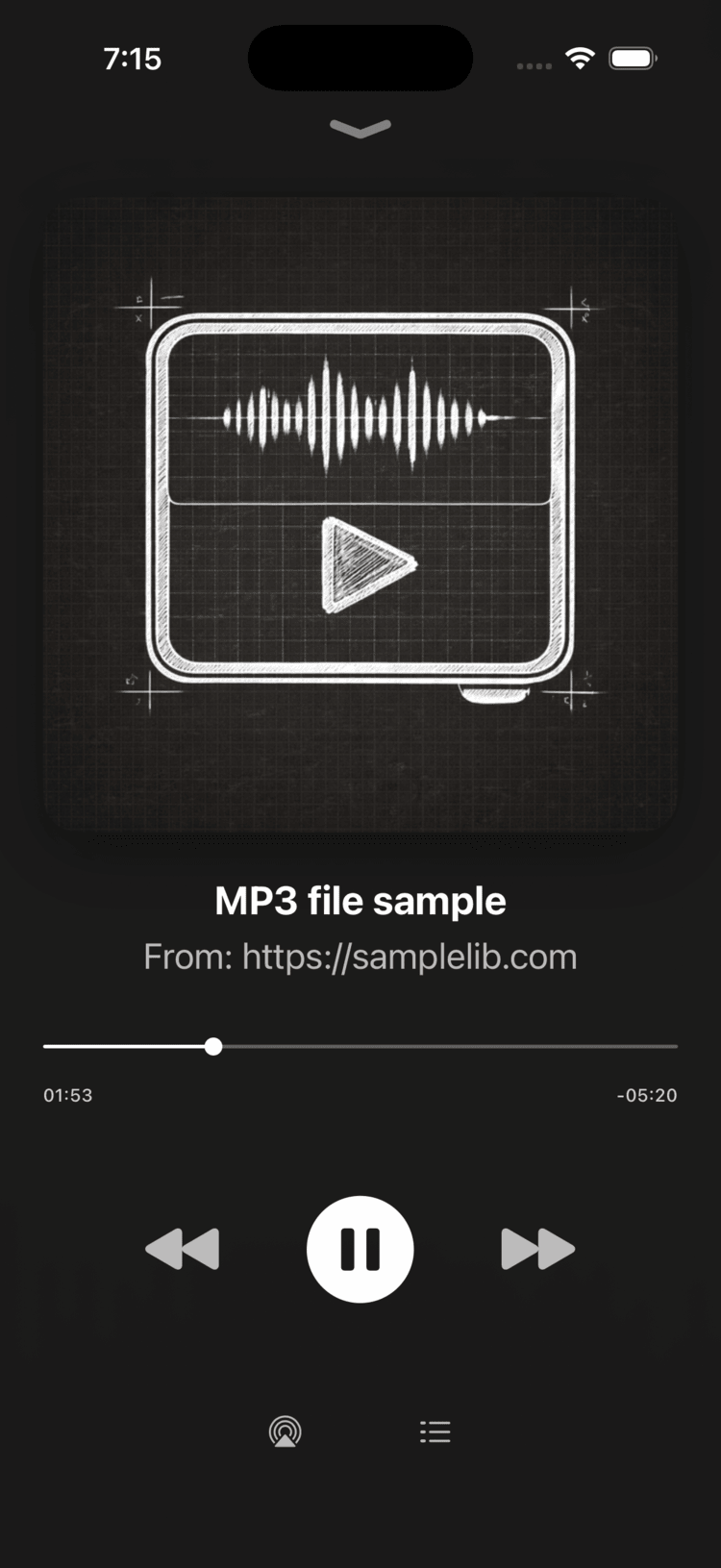 Now playing screen for an on-demand file showing the scrubber and pause button