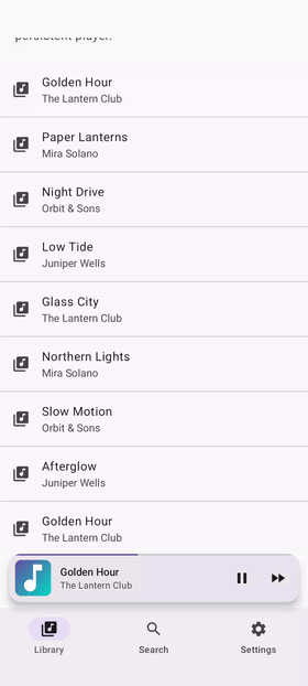 The sample app dragging a floating popup bar open into a full-screen player and back, then presenting it again after picking another track
