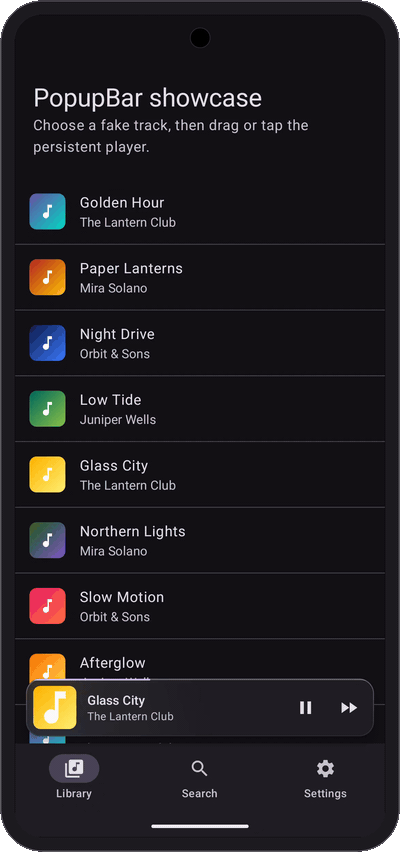 The sample app in a phone frame, expanding and collapsing the player, switching to tinted glass and blurred artwork backgrounds, then changing from dark to light mode