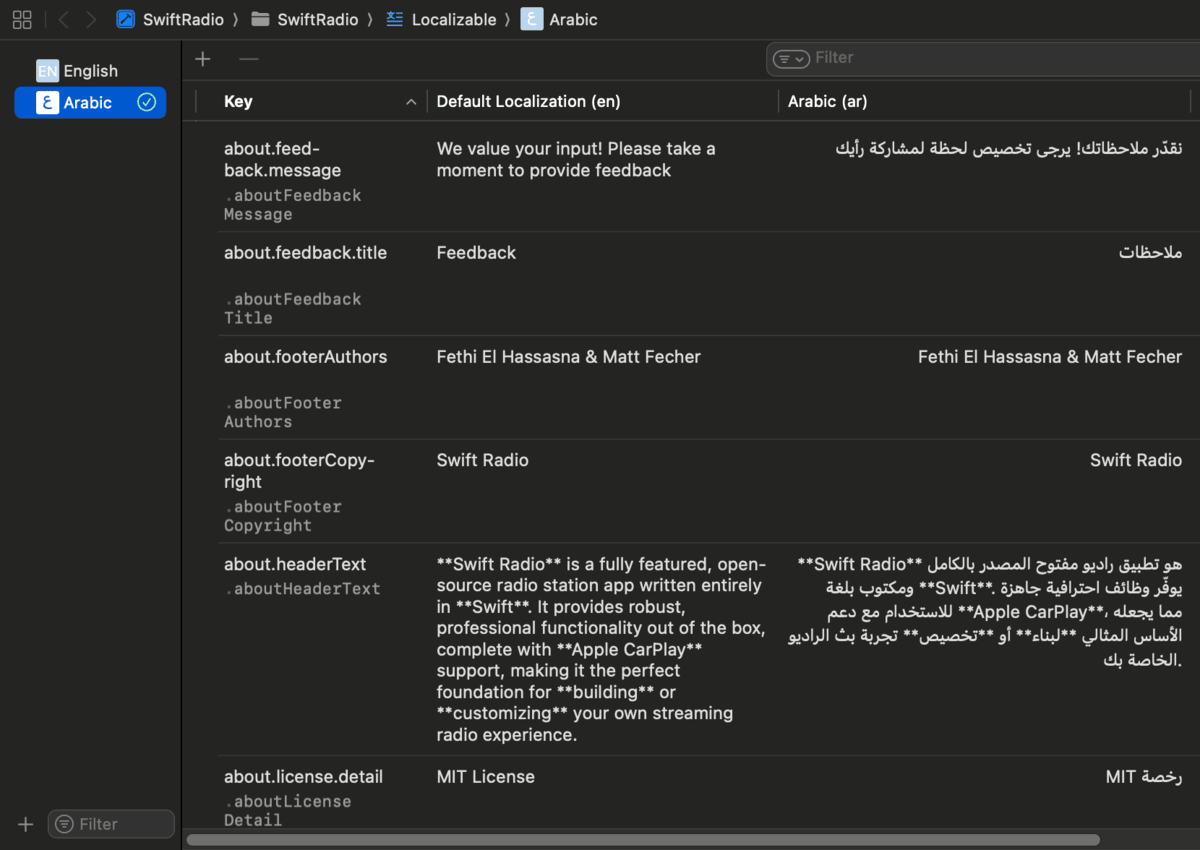 Xcode String Catalog editor showing English and Arabic columns with translated values