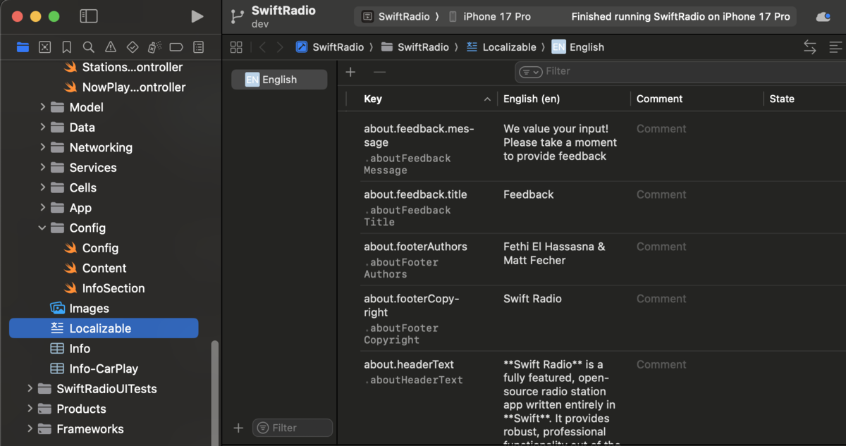 Xcode String Catalog editor showing the key and English value columns for Localizable.xcstrings