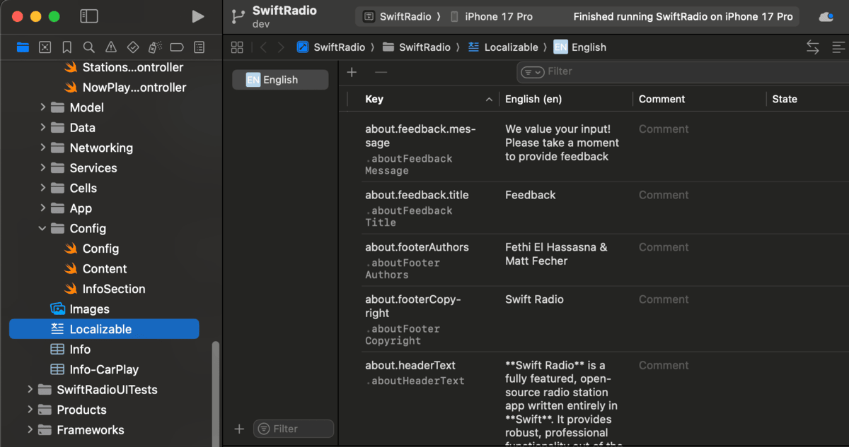 Xcode String Catalog editor showing the key and English value columns for Localizable.xcstrings