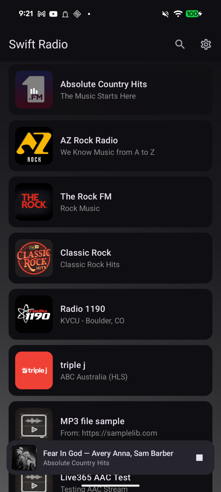 Swift Radio Android station list with the now playing bar floating above the bottom edge, showing the track title, artists, and album art