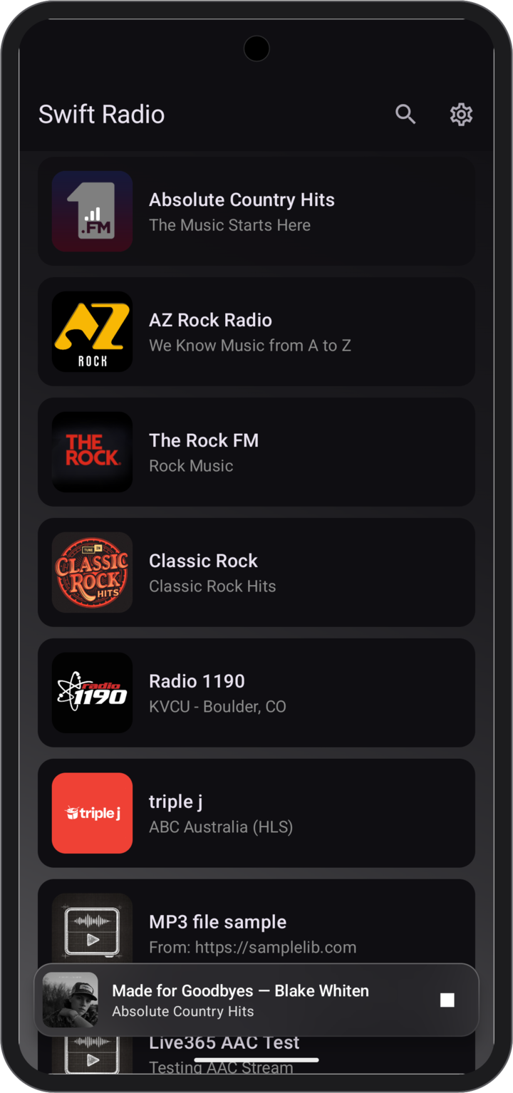Swift Radio Android 1.2.1 in a phone frame, with a translucent now playing bar over the station list showing Made for Goodbyes by Blake Whiten