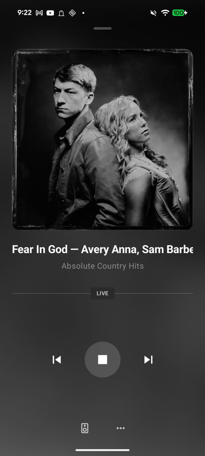 Swift Radio Android player expanded from the bar, with the album art, track title, station name, LIVE badge, and transport controls