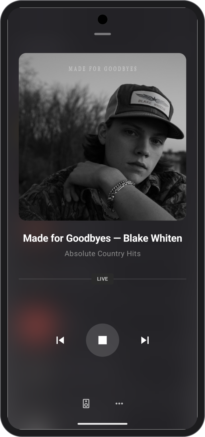 Swift Radio Android 1.2.1 in a phone frame, with the expanded player showing cover art, a LIVE badge and controls over the blurred station list
