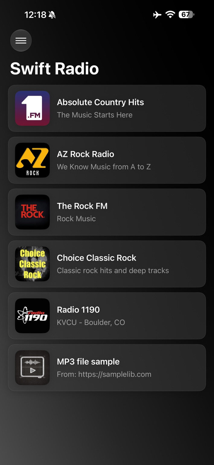 Swift Radio v4 station list with station artwork and rounded cards